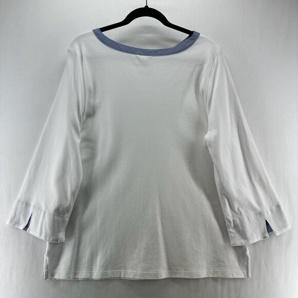 Nautica Cotton Top Womens XL Boat Neck Flip Cuff Chambray Trim 3/4 Sleeve White - Picture 2 of 13